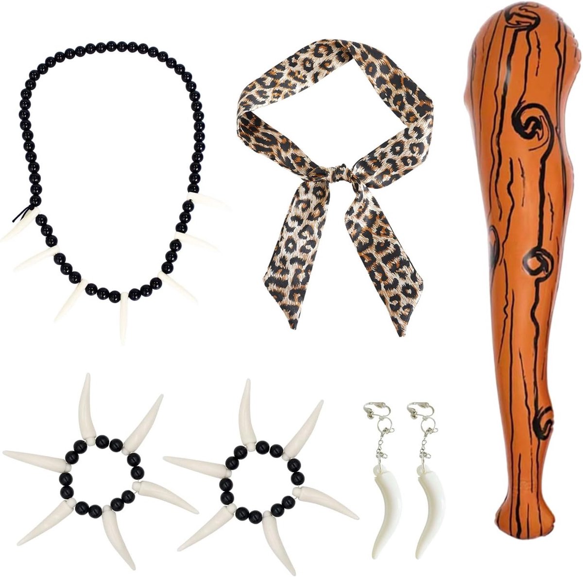 6-delige Wild Caveman Kostuums met Opblaasbare Houten Stok, Ivoren Ketting, Armband en Leoparden Hoofdband voor Halloween en Stone Age Feesten