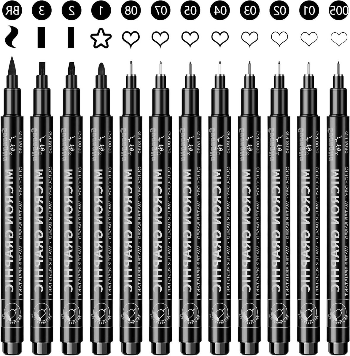 Set van 12 zwarte fineliners voor technische tekeningen, illustraties, manga en scrapbooking