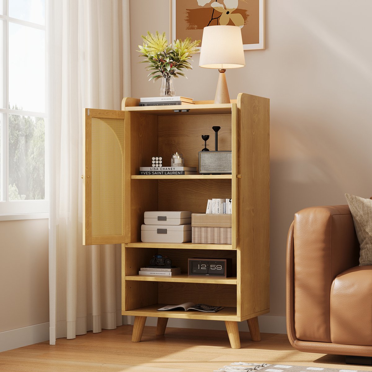 MIVRAY Dressoir - Met Rattan Deuren En Open Vakken - Voor Woonkamer Hal Of Keuken - Spaanplaat Naturel - 60x40x121 Cm