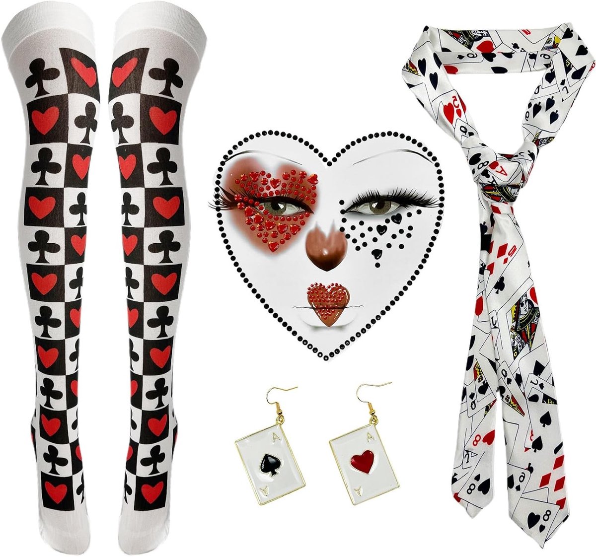 Kostuumset voor de Koningin van Harten voor Vrouwen met Accessoires voor Halloween en Carnaval, inclusief Opaque Hold-Ups, Hart Gem Sticker, Poker Strik en Oorbellen in Rood en Zwart