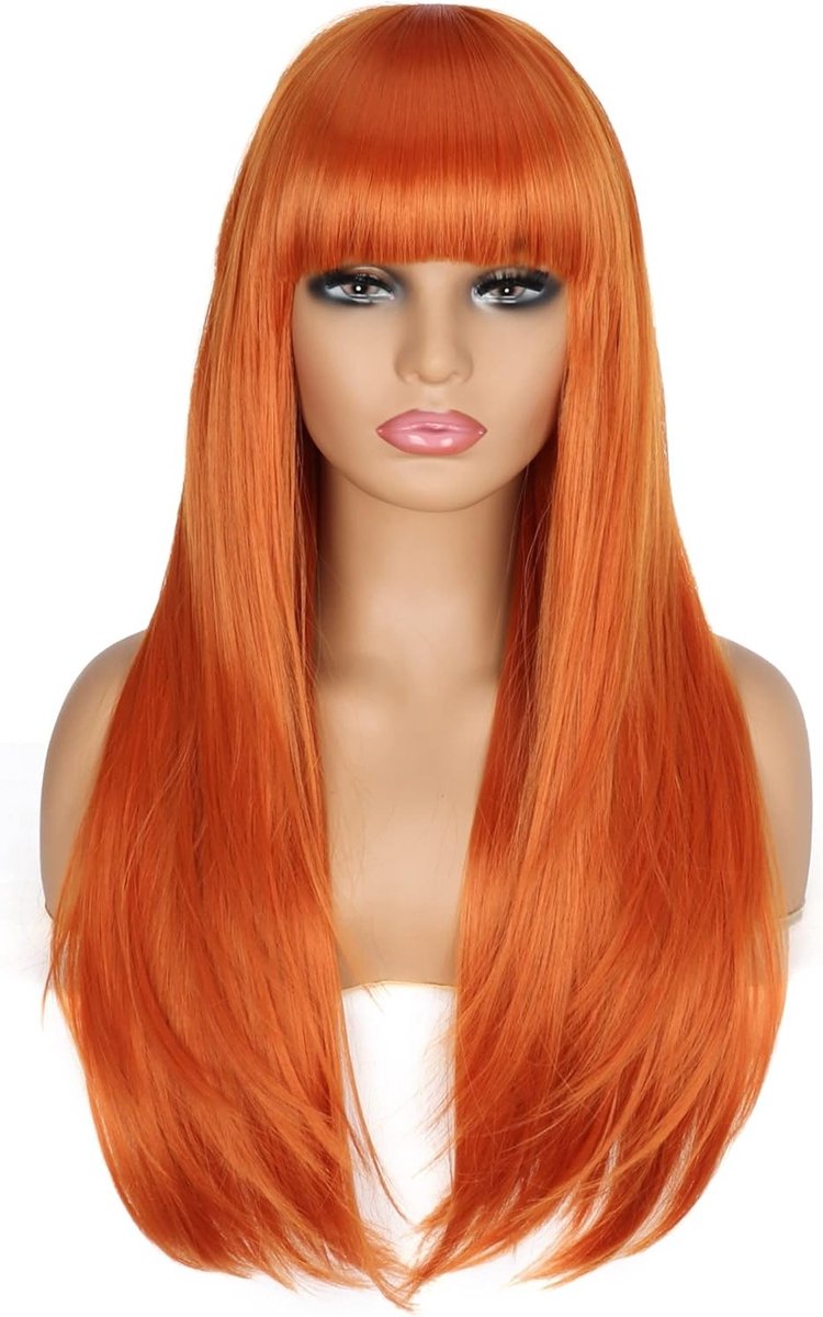 70 cm Lange Rechte Cosplay Oranje Peruk met Pony voor Vrouwen en Meisjes, Natuurlijke Synthetische Haarperuk voor Carnaval, Halloween en Kostuumfeesten