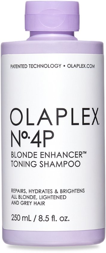 Lichtpaarse fles met schroefdop, met daarop 'OLAPLEX N°.4P BLONDE ENHANCER TONING SHAMPOO'.