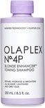 Lichtpaarse fles met schroefdop, met daarop 'OLAPLEX N°.4P BLONDE ENHANCER TONING SHAMPOO'.