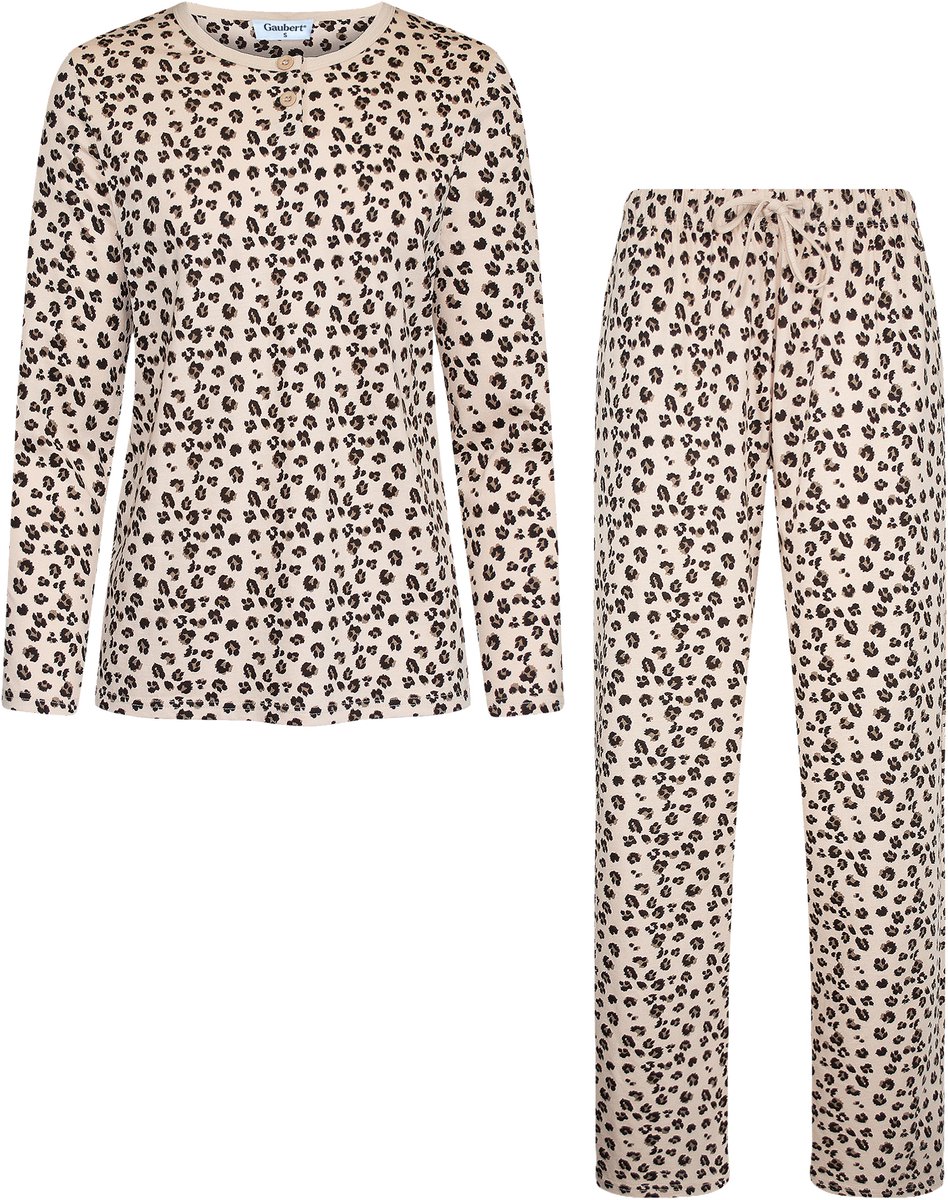 Gaubert Essential Dames Pyjama Lange Mouw - Broek met Zakken - Premium Gekamd Katoen - Panterprint - Beige - Maat XXL - GB-2811