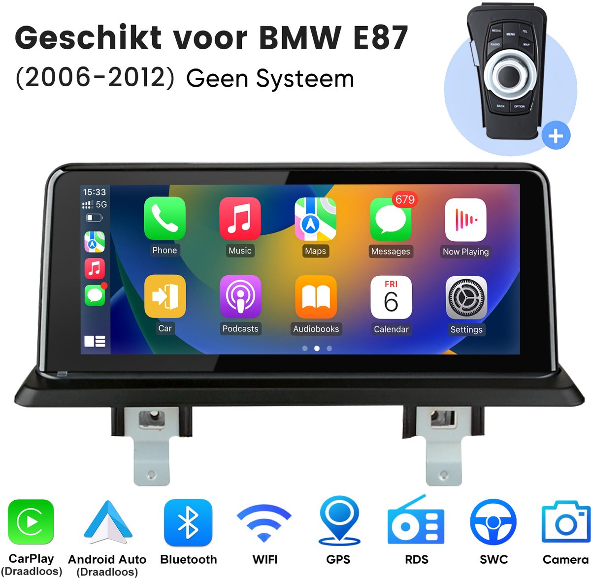 Junsun Linux autoradio Geschikt voor BMW 1er E81 E82 E87 E88 (2006-2012) Accessoires, Draadloze CarPlay Andriod Auto & Andriod Auto, Idrive, AUX, GPS-Navigatie, Bluetooth, 10,26-inch Touchscreen,Stuurwielbediening, USB, FM