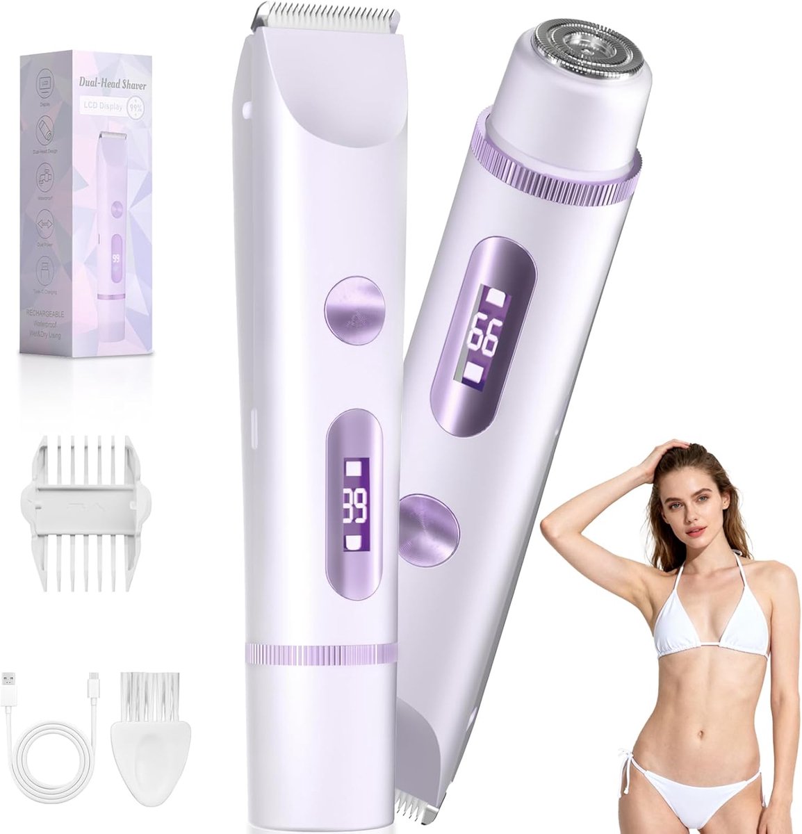 Ladyshave - 2-in-1 Bikini Trimmer - Dames Scheerapparaat met LED -verlichting - IPX7 Waterdicht -Inclusief een digitaal display - USB-C Opladen - Draadloos - Compact en Waterdicht -Lavendel