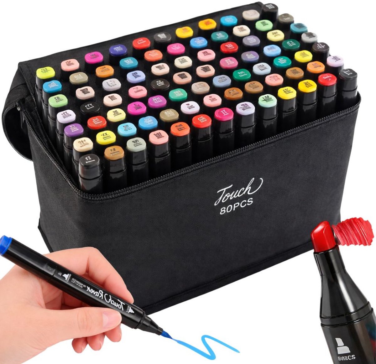 TOUCH ALCOHOL MARKERS - TWINMARKERS - SET VAN 80 STUKS, DUBBELZIJDIGE VILTSTIFTS - IN OPBERGTAS