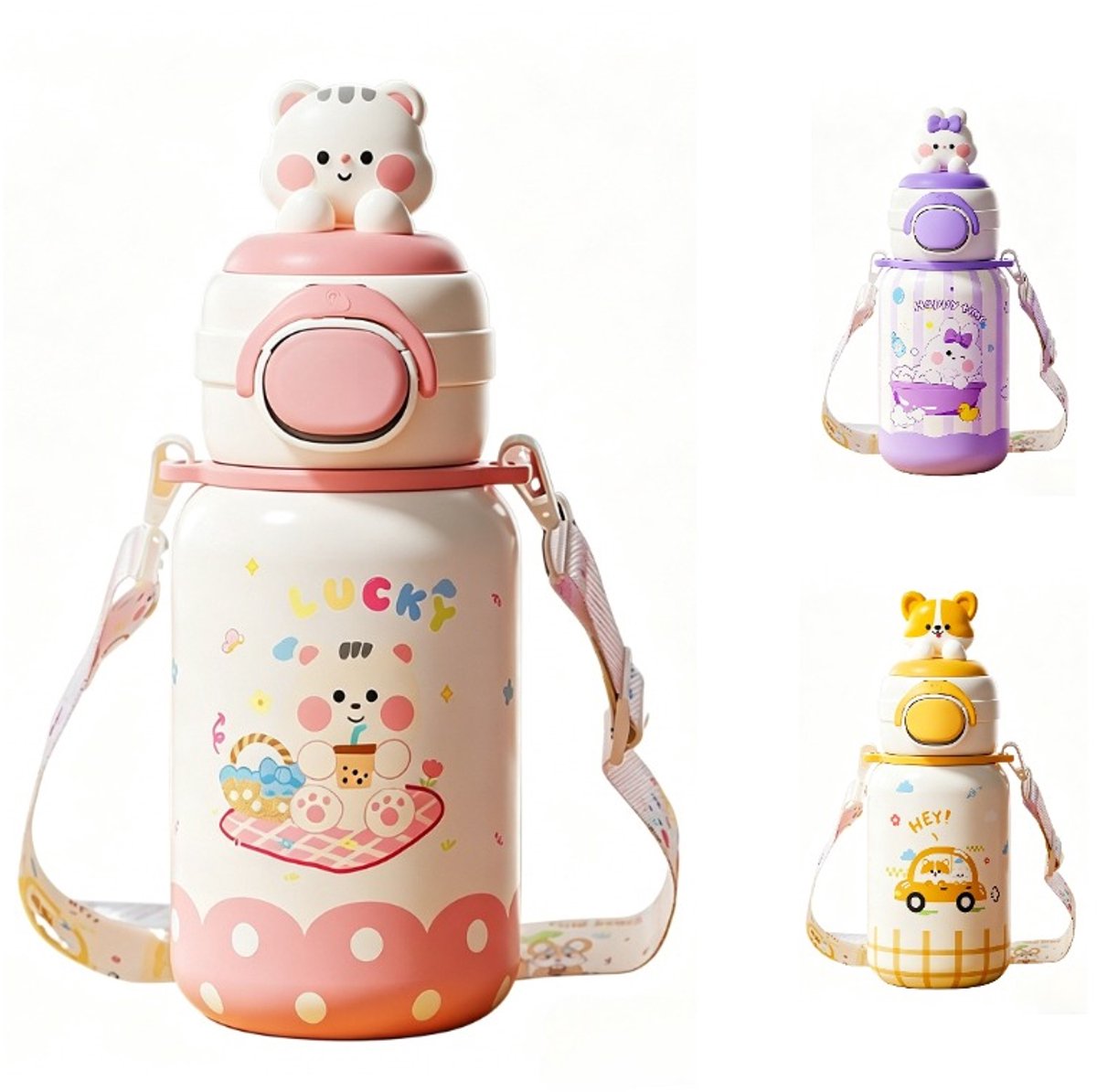 316 RVS Kinder Thermosfles & Kinderdrinkfles met Rietje en Drinktuit - 500ml Lekvrije Schoolbeker voor Meisjes & Jongens - 12u Warm/Koud Isoleerfles - BPA-Vrij & Food Grade - Ideaal Cadeau voor School, Sport & Onderweg - Met koord - kitten