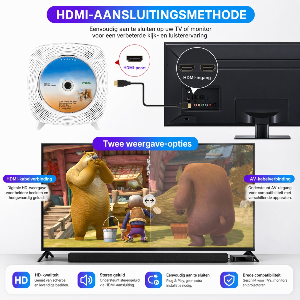 2 IN 1 Draagbare CD/DVD Speler Met HDMI - Bluetooth - USB - FM-Radio - AUX - Wand Monteerbaar - Wit thumbnail 5