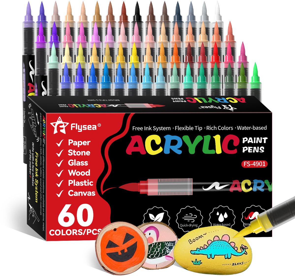 PromoHome 60-delig acryl penseelstiften set - Waterbestendige Acrylverfmarkers met flexibele punt voor Steen, Glas, Keramiek, Canvas, Papier, Hout, Metaal en Stof, Doe-Het-Zelf Cadeau