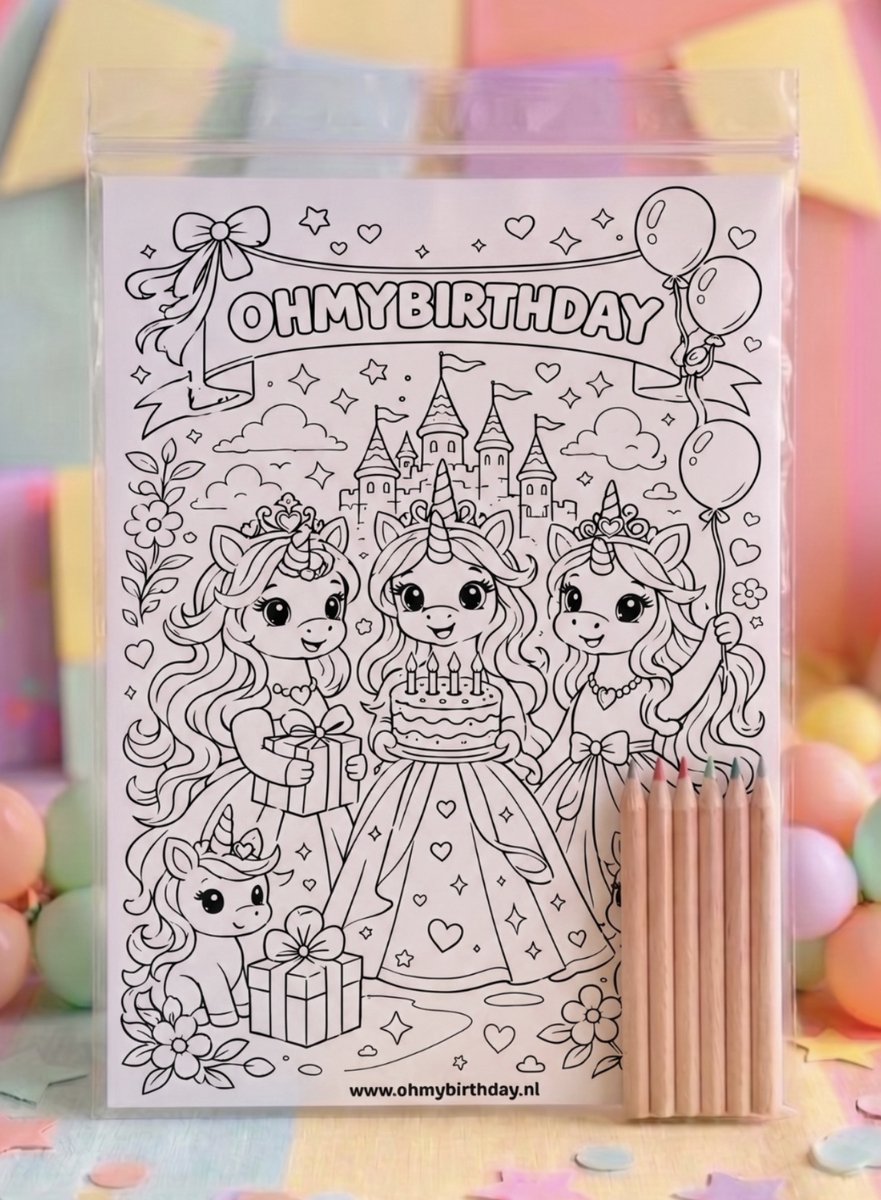 Knutsel Traktatie - 10 stuks - Thema: Eenhoorn / Unicorn - Merk: Ohmybirthday - 1 x Luxe Kleurplaat & 6 x Kleurpotloden - Verjaardag Traktatie / Uitdeelcadeau / Trakteren - Luxe Set & Hoge Kwaliteit - Knutselpakket - Kleuren, Tekenen & Knutselen