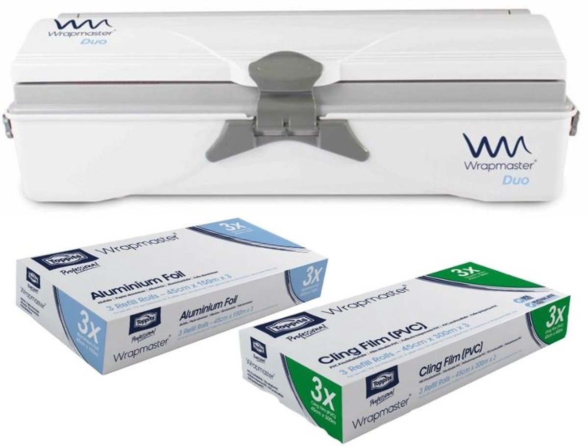 SET: Wrapmaster Duo dispenser met 3x Rollen Vershoudfolie en 3x Rollen Aluminiumfolie