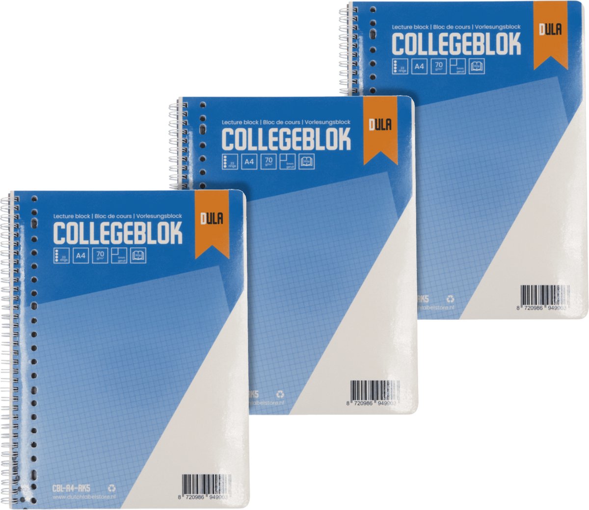 Collegeblok A4 formaat met ruit 5mm 160 vel - Spiraalblok klein geruit - 70 grams papier schrijfblok - 3 stuks - DULA