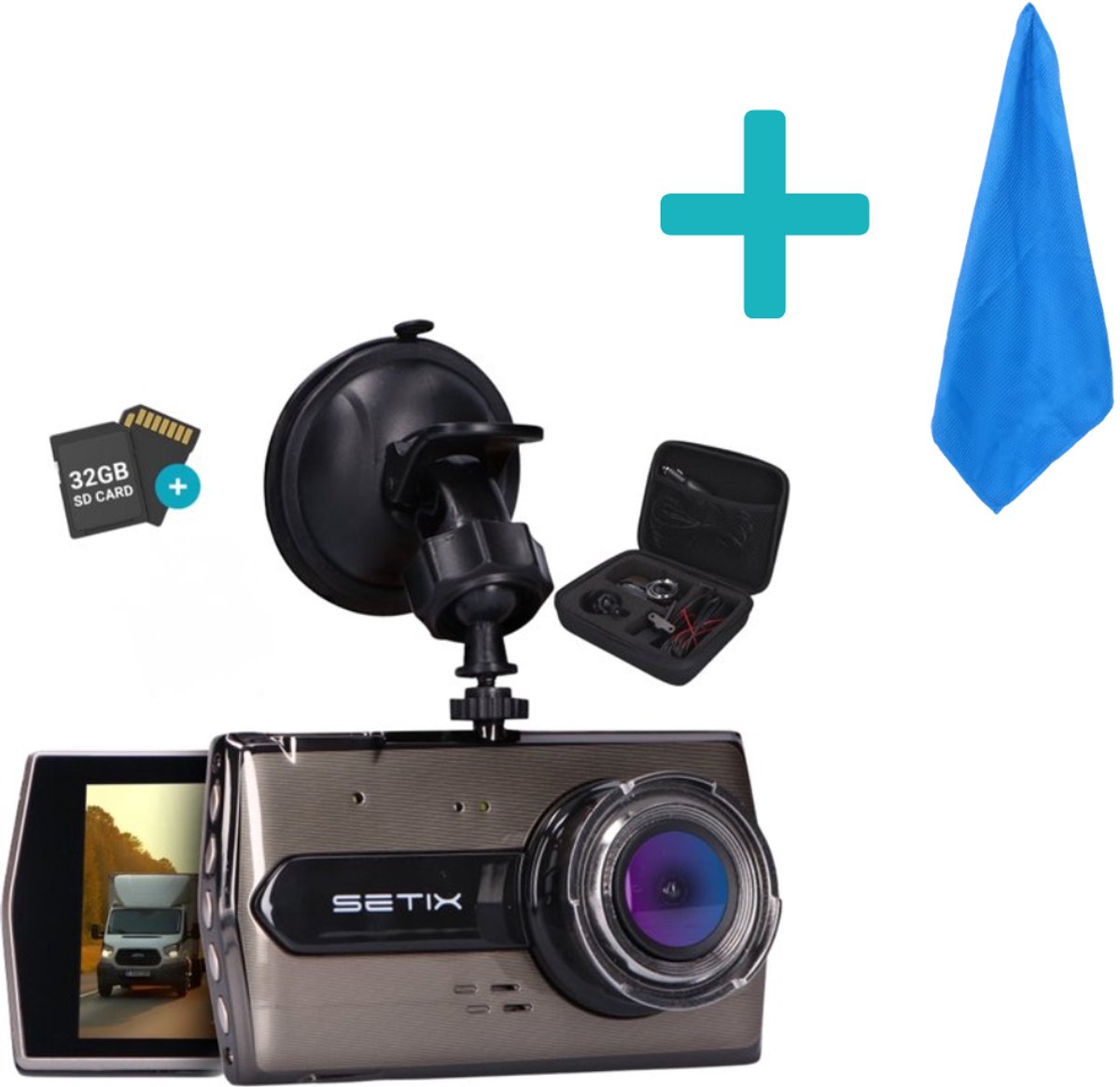 Setix Dashcam Go Met Microvezeldoek - Voor en Achter Camera – Inclusief 32GB SD kaart - Full HD 1080P Resolutie – Met Opbergcase tegen Diefstal - Nachtzicht – Plug & Play - Parkeermodus - 170 Graden Kijkhoek – Loop Recording – 2025 Auto Camera