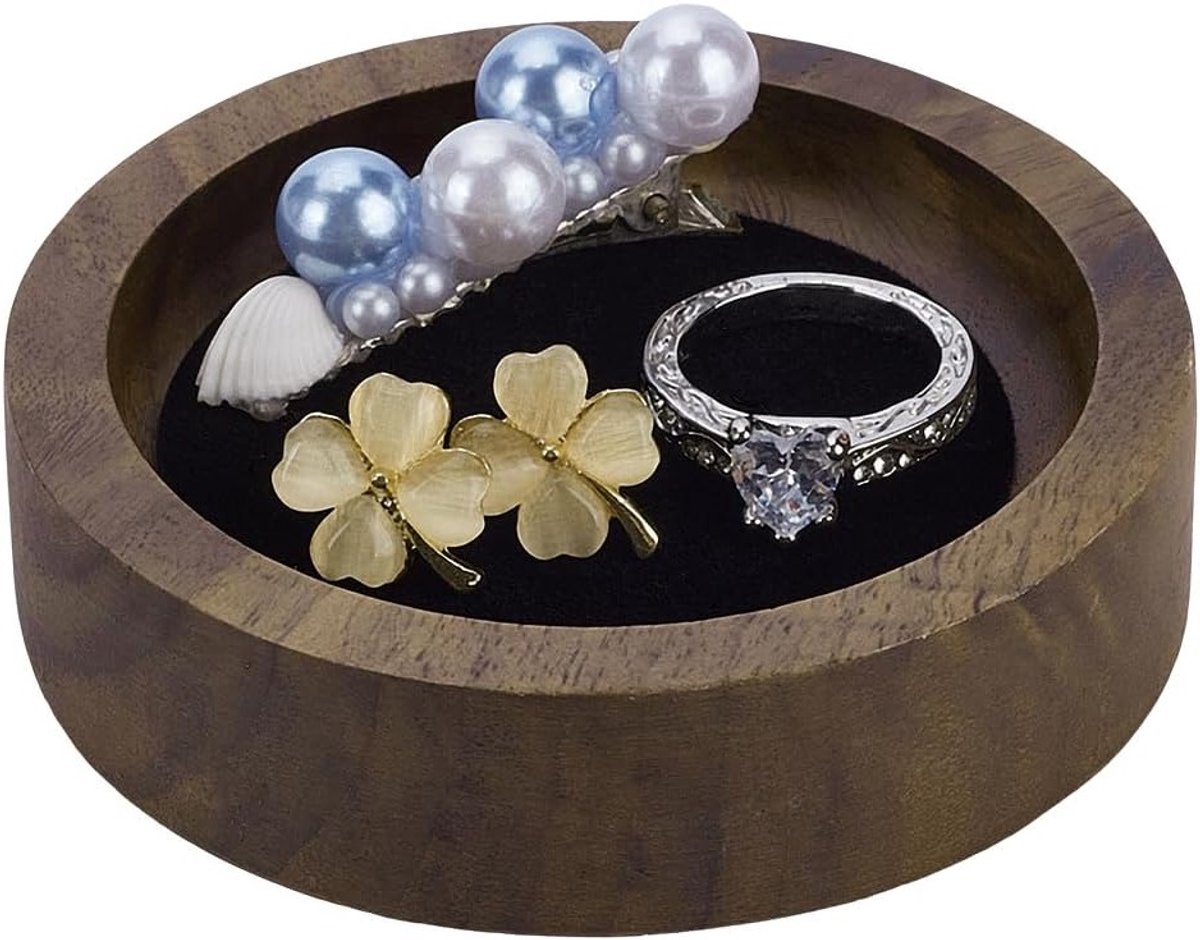 Houten Sieradenhouder met Velours Oppervlak - Ronde Display Tray voor Sieraden, Bibelots en Accessoires