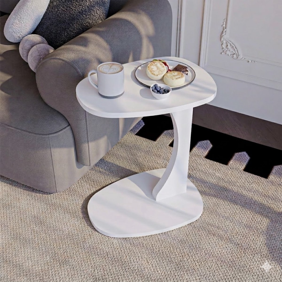 sugodesign Norma Bijzettafel - Bijzettafel met wielen - Bedtafeltje met Wielen - Wit bijzettafel C-vorm - kleine stijlvolle salontafel