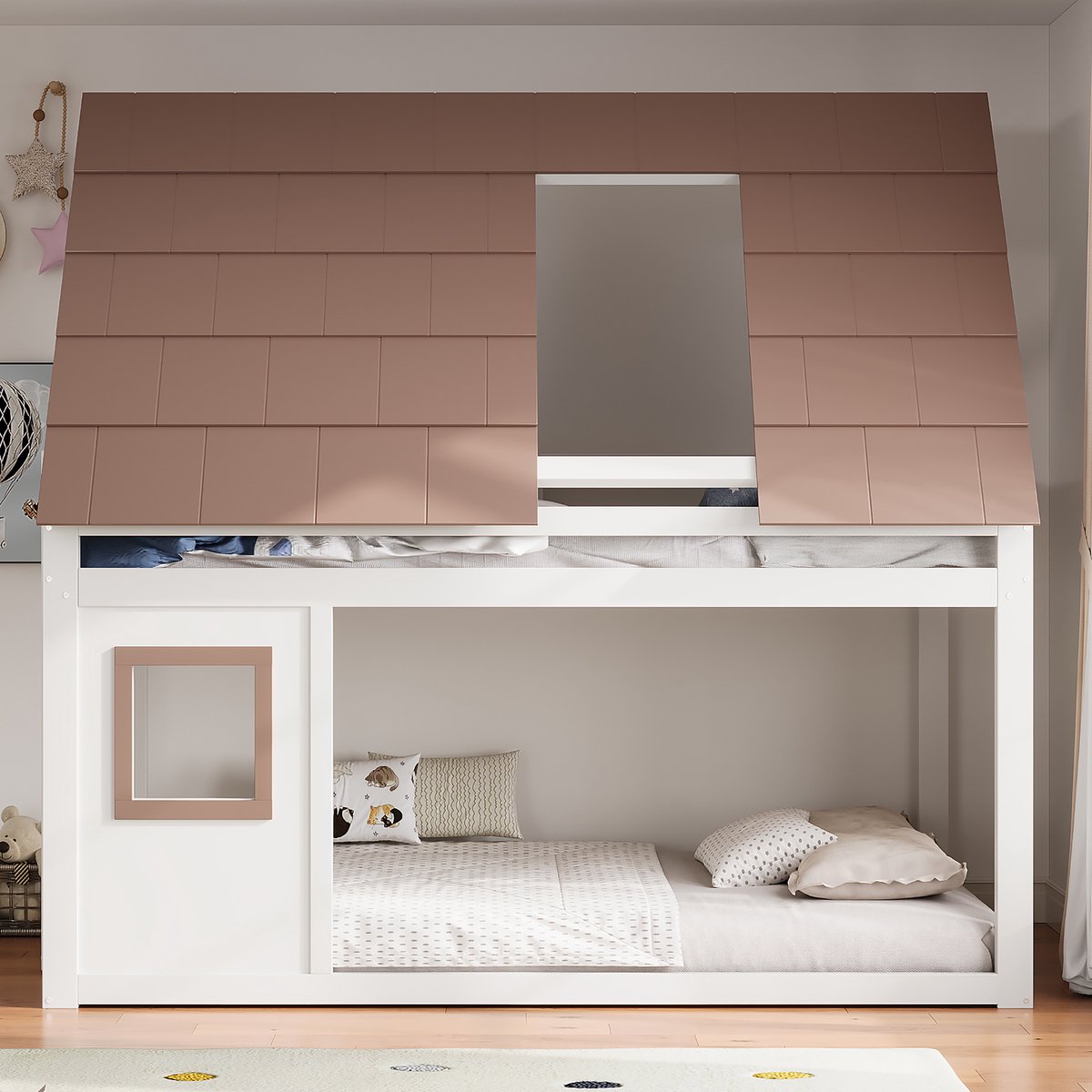 Stapelbed 140x200 cm - huisbed van hout met dak en ladder - kinderbed met veiligheidshek - massief grenen - wit bruin