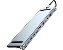 Deze 11-in-1 USB-C-hub ondersteunt de aansluiting van maximaal 3 monitoren (waaronder 4K HD-tv’s) en beschikt over een VGA-poort, USB 3.0/2.0-poorten, een USB-C-poort, een SD/TF-kaartlezer en een Ethernet-poort.