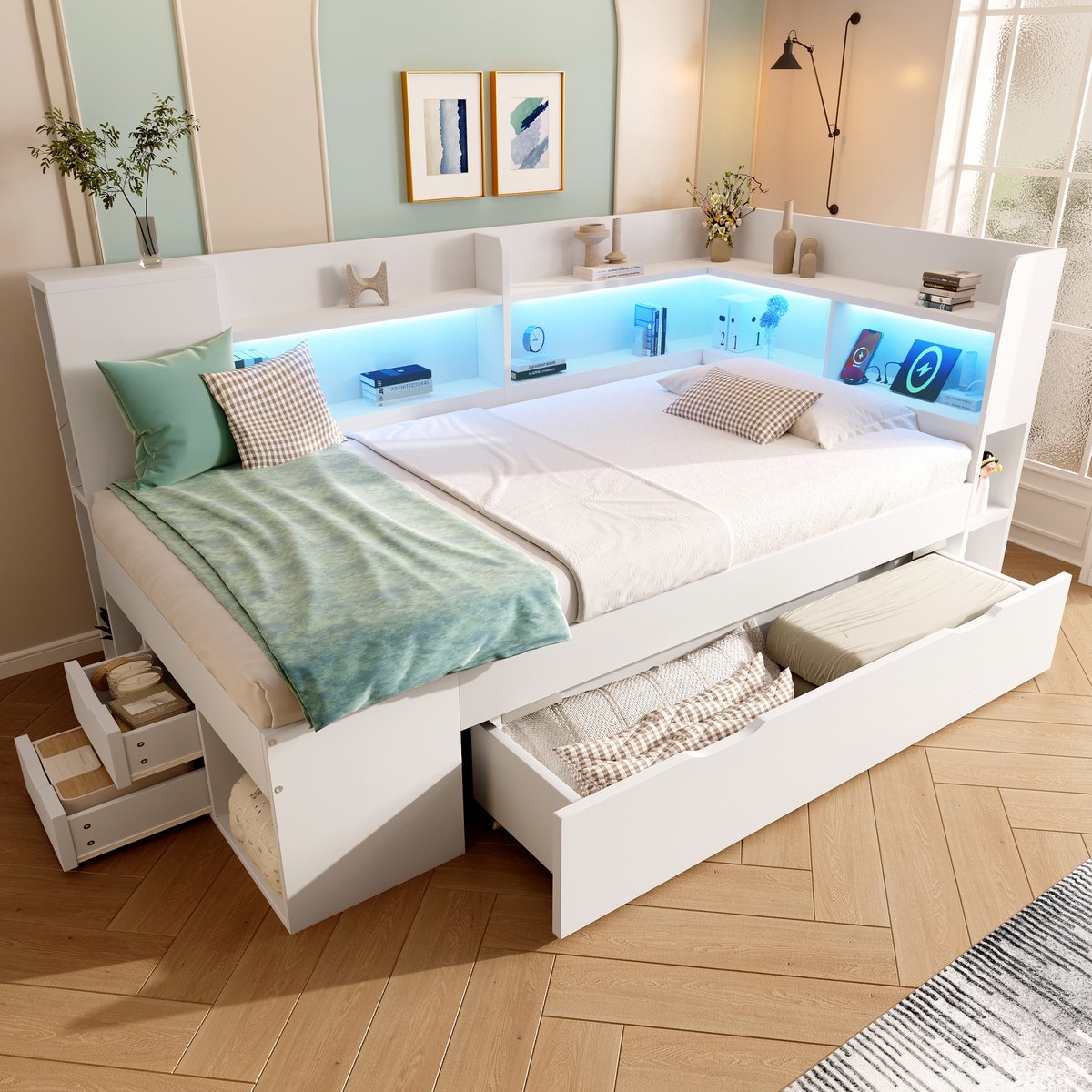 Slaapbank 90x200 cm - met LED-verlichting - met USB- en Type-C-oplaadstation - met opbergrek en lade - wit - zonder matras