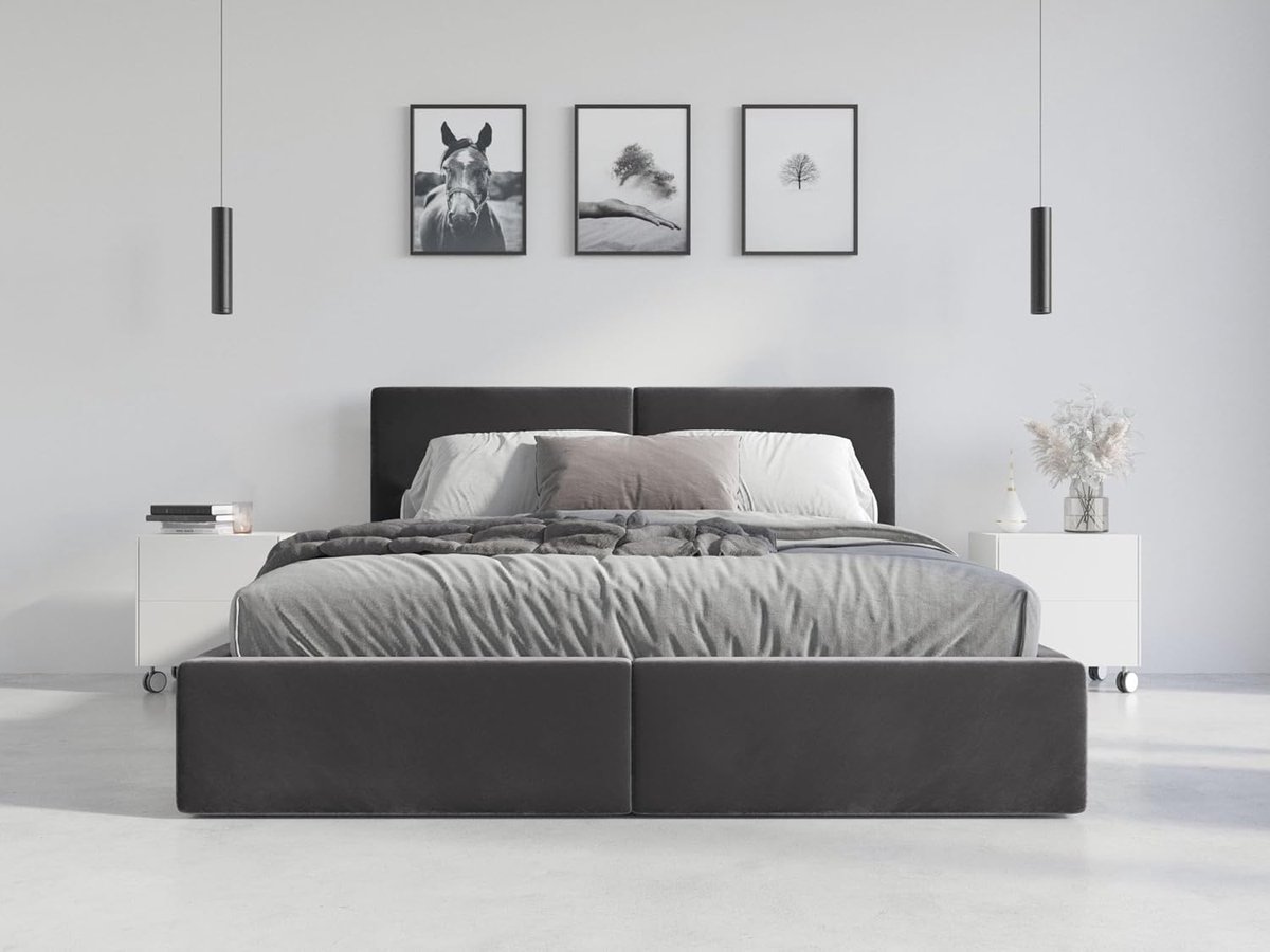 Gestoffeerd Bed 140x200 met Opbergruimte en Metalen Lattenbodem – Luxe Tweepersoons Bedframe met Hydraulisch Hefframe, Fluweel Antraciet Slaapkamerbed – Hilton Design – Laura