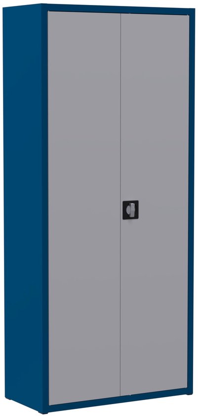 Blauwe metalen kast met grijze deuren en een centraal slot, staand op een witte achtergrond.
