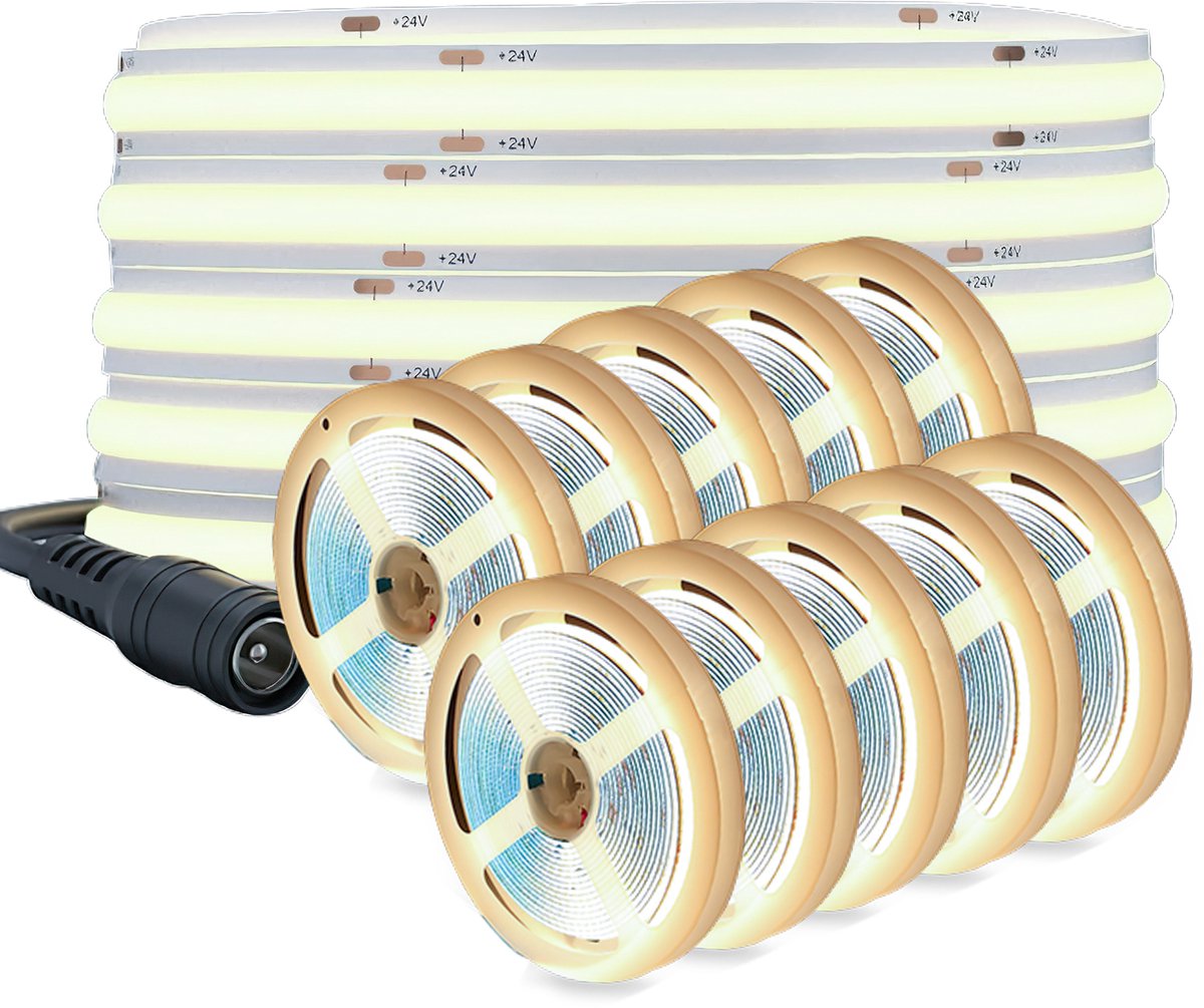 Oraymin COB LED Strip Warm Wit 3000K - Set van 10 - 24V - 2M - Dimbaar - Flexibel Lichtstrip- (Alleen strip)