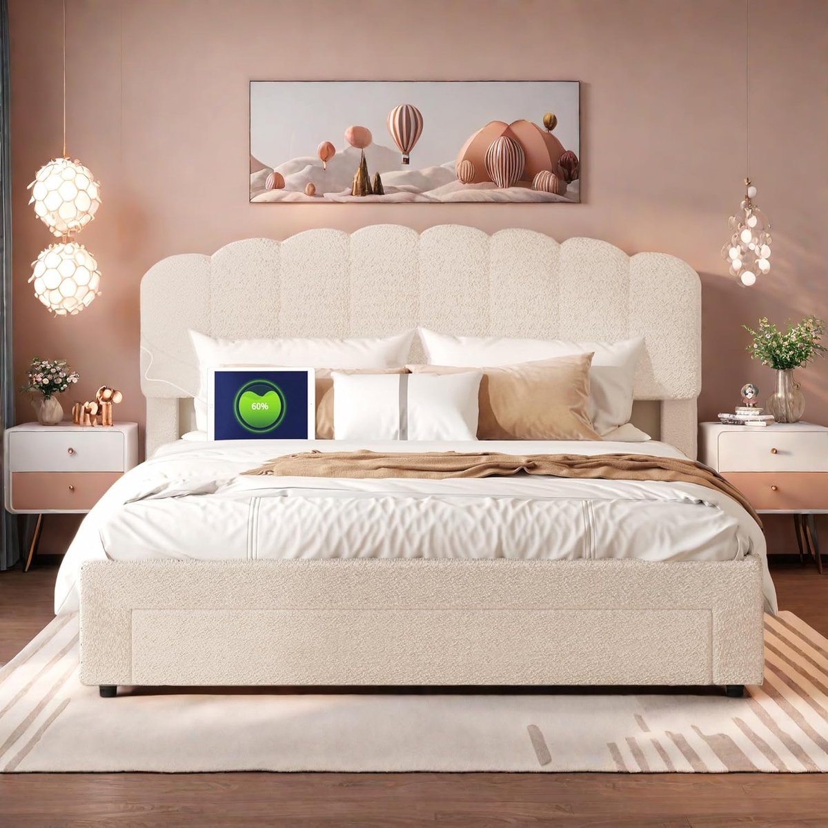 LunaTeddy Luxe Tweepersoonsbed 140x200 cm met Opberglade, USB & Type-C Laadstation, Gestoffeerd Teddy Bedframe Beige