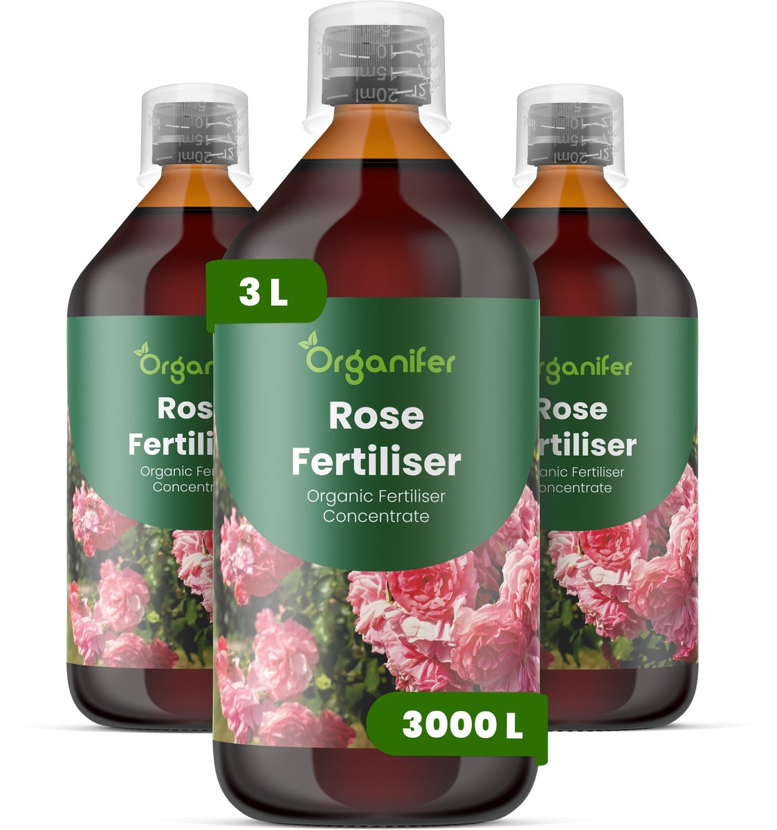 Vloeibare Meststof Voor Rozen 3X1 L Voor 3000 L - Npk 3-4-3 - Ondersteunt Krachtige Groei En Continue Bloei Bij Rozen - Stimuleert Knopvorming En Grotere Bloemen - Verbetert Bloemkleurintensiteit En Verlengt De Bloeiduur - Organifer