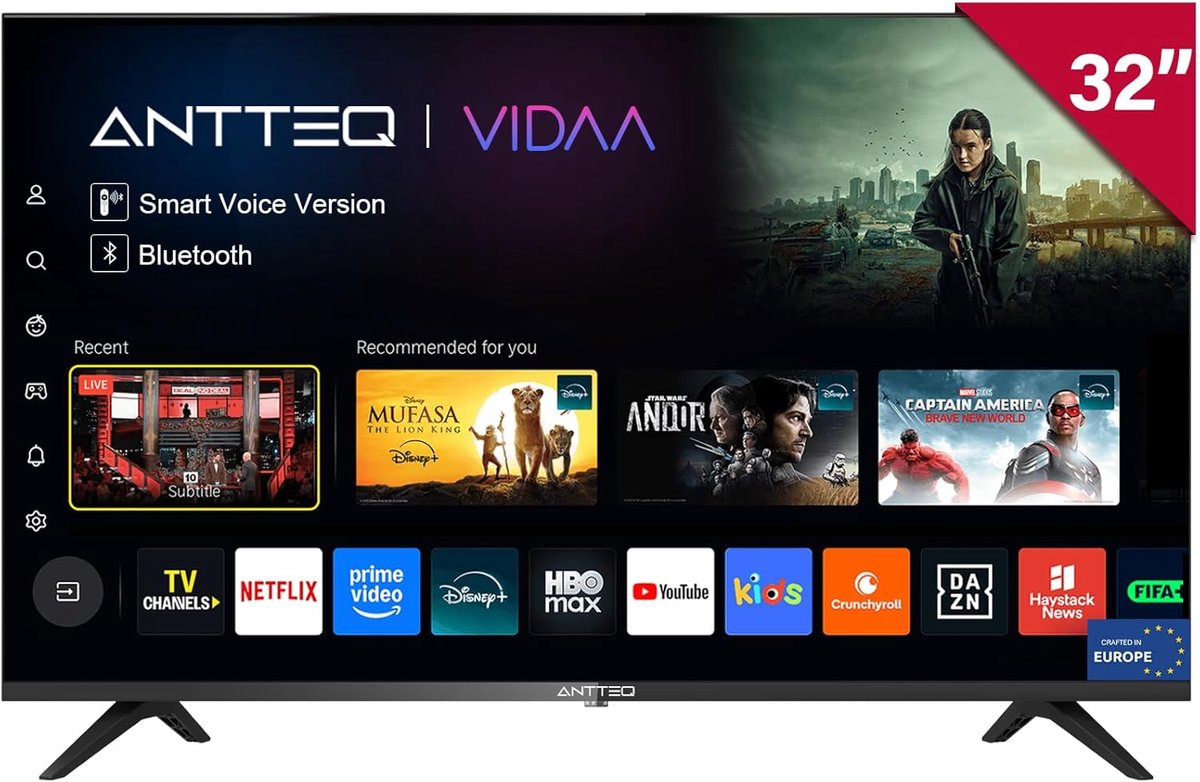 ANTTEQ V32-AH3.Q1D-BT - Smart TV 32 Inch (81 cm) - VIDAA OS - Voice Control & Bluetooth - Netflix, YouTube, Disney+ - Triple Tuner - Model 2026