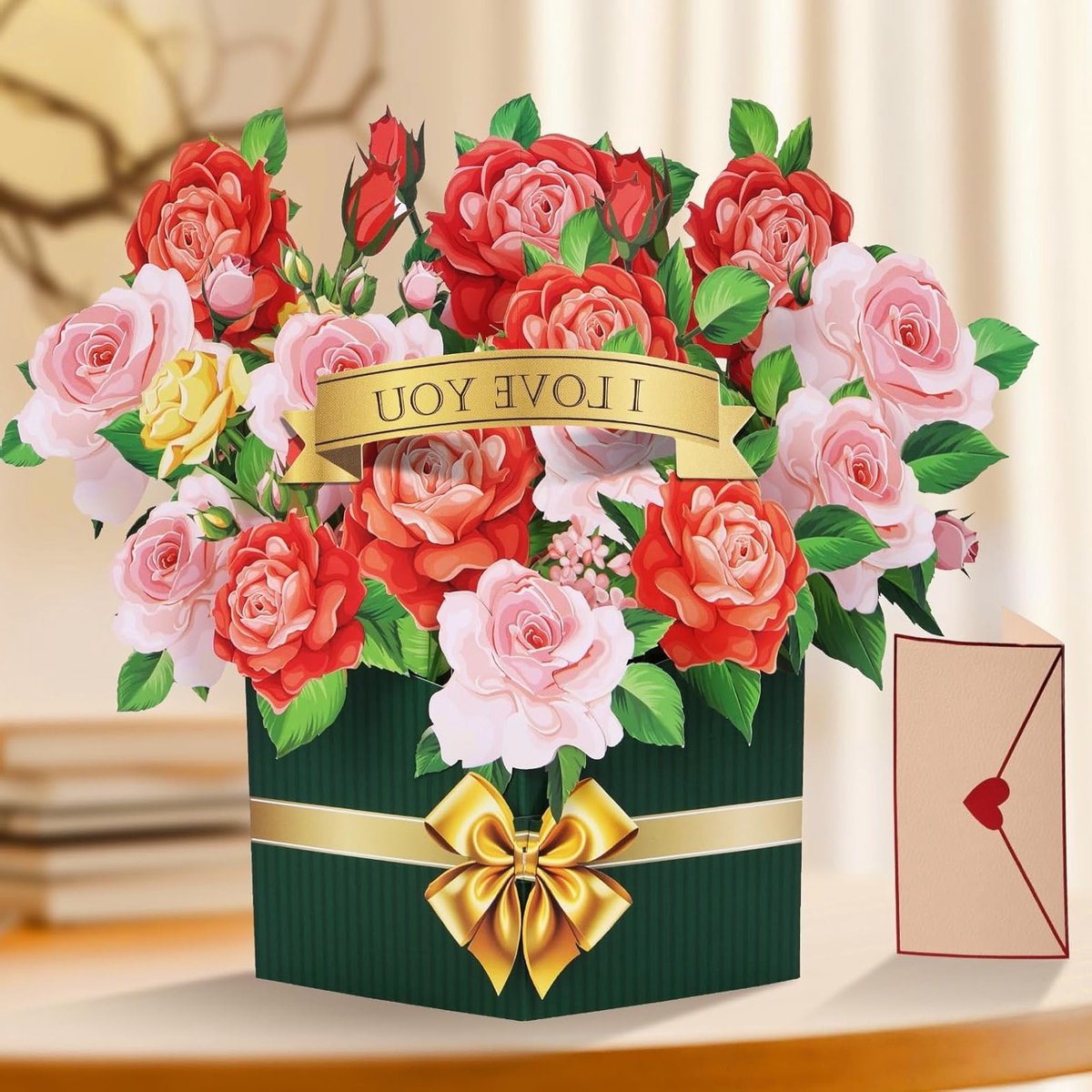 3D Pop-Up Verjaardagskaart met Rozenboeket en Envelop, Perfect voor Moederdag, Verjaardagen en Romantische Gelegenheden