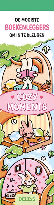 Boekenleggers met konijnen in cozy settings. Met de tekst 'Cozy Moments' en 'De mooiste boekenleggers om in te kleuren'.