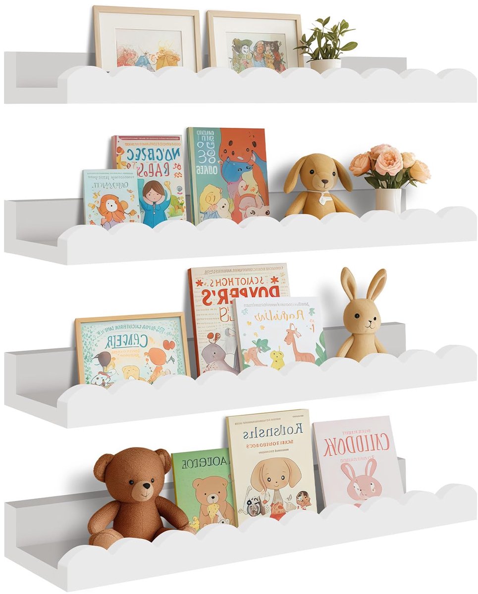 4 stuks Zwevende Wandplank - Boekenplank voor kinderkamer - Wandrek voor wanddecoratie en opslag - houten plank perfect voor boeken, speelgoed, fotolijsten en kinderkamerdecoratie - 42 cm