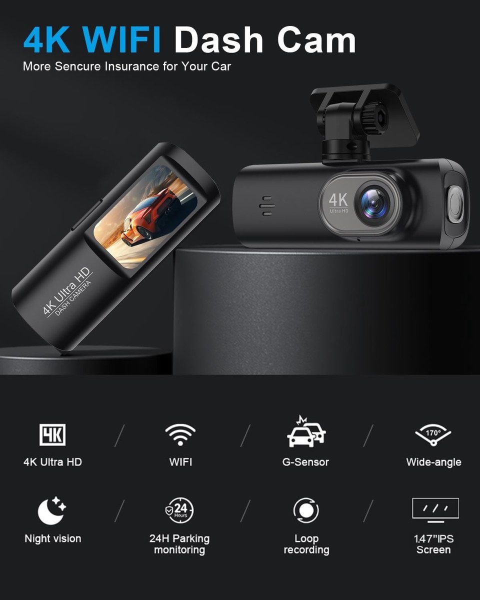 Dashcam - Dashcam voor auto - Dashcam 4K Voorzijde - Ultra HD - Mini Autocamera - APP Bediening - Ingebouwde Wi-Fi & G-sensor - 24-uurs Parkeermodus, Nachtzicht, WDR, Loopopname, Ondersteuning voor maximaal 256 GB – foto 3