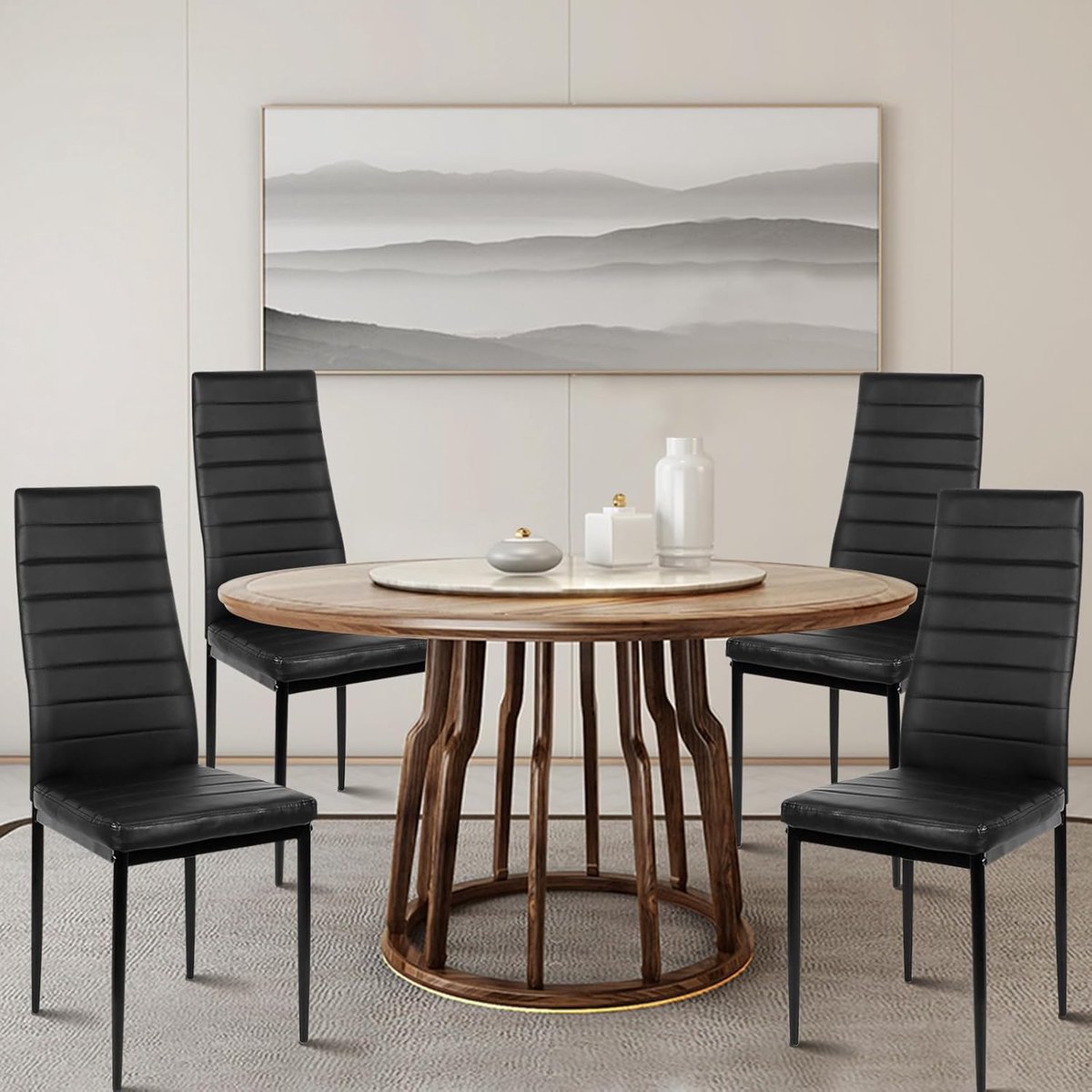 Luxe Eetkamerstoelen Set van 4 met Hoge Rugleuning, Zwarte Kunstleren Zitting, Stalen Frame, Comfortabele Keukenstoelen 42 x 48 x 98 cm, Max. Belastbaar 120 kg