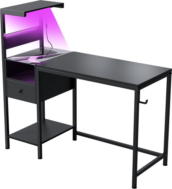 Computerbureau - werktafel - kantoorbureau - computerbureau met stroomvoorziening - met stopcontact - met opbergplank - met haken - met LED-verlichting - 121*50,8*115 cm - geschikt voor kantoor, studeerkamer, etc. - zwart