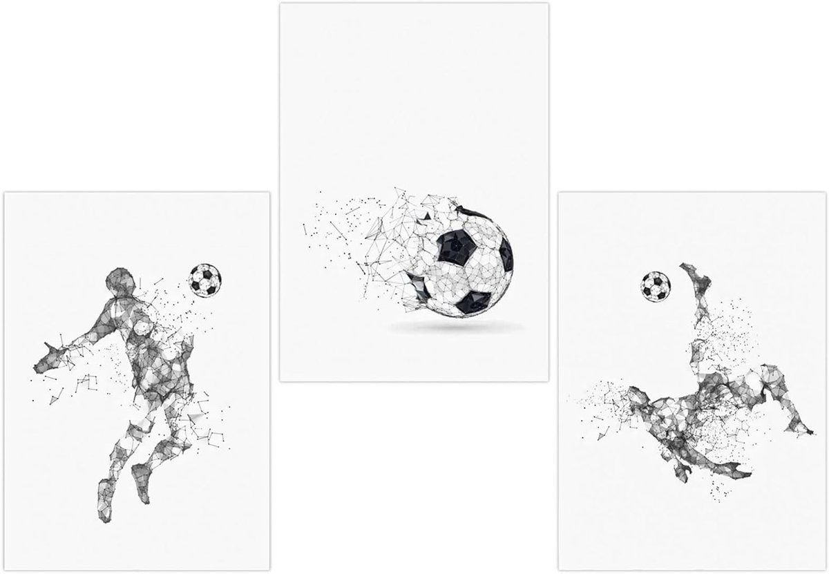 Set van 3 Voetbal Posters - Geometrische Wanddecoratie 30x40cm, Moderne Kunstprints voor Gamer Kamer en Jongerenruimte, Zonder Lijst