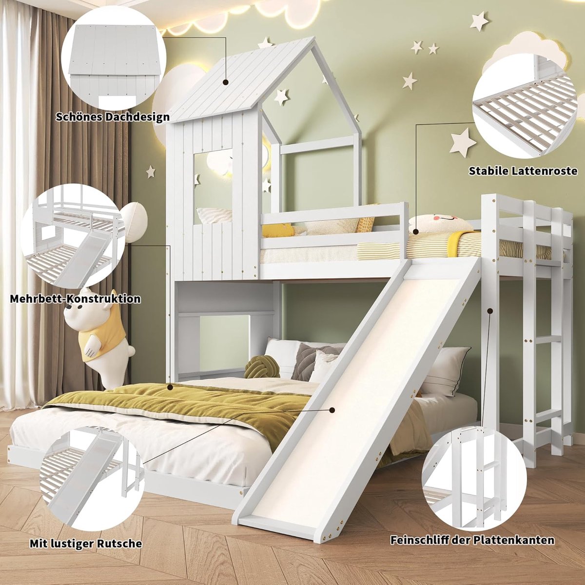 Stapelbed met glijbaan en huisbed 90x200 cm & 140x200 cm – Kinderbed met valbeveiliging, drietraps ladder, dak en raam, grenen + MDF, wit – Laura
