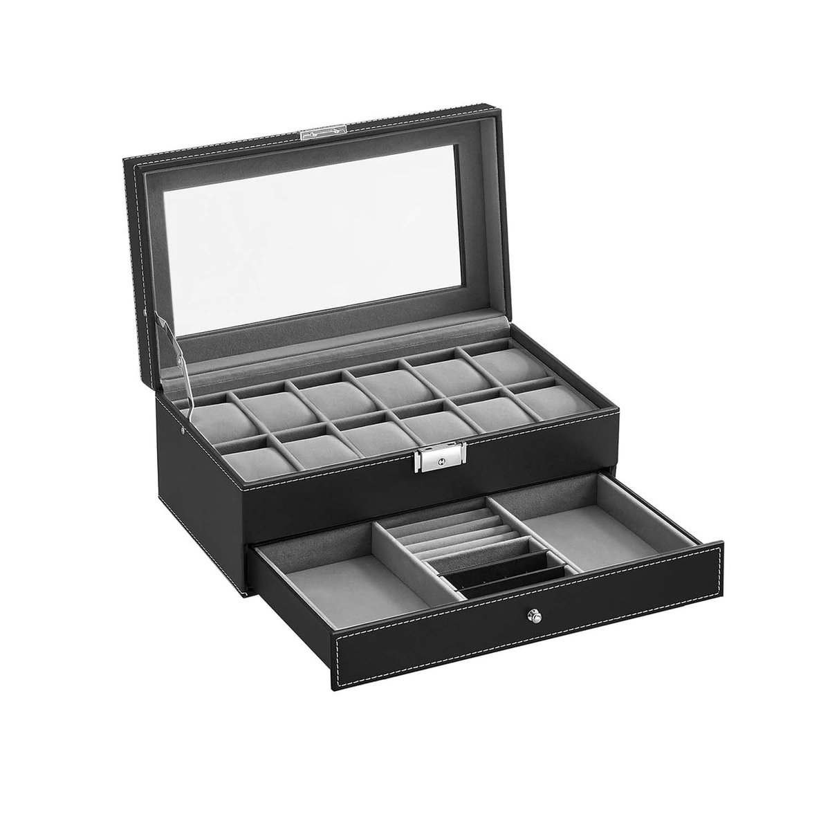 Horloge doos dubbelgelaagde horloge opbergdisplaybox 32,5×19,5×11,5cm zwart met 1 multifunctionele lade, transparante glazen deksel en zachte pluchen horlogekussens met slotontwerp voor 12 horloges + sieraden geschikt voor horloge- en juwelendisplay