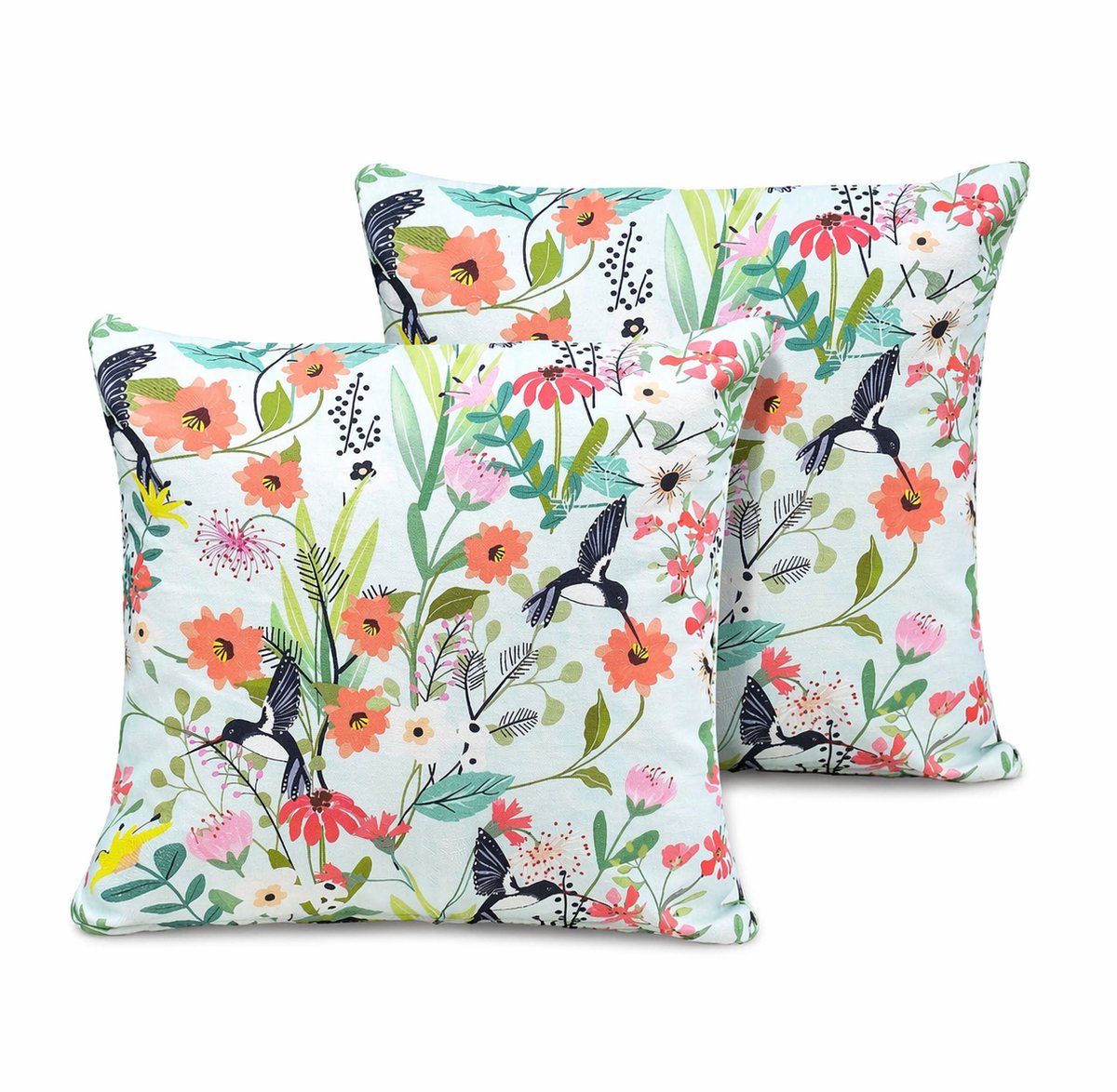 Urbane Hide Set van 2 Luxe Kussenhoezen 45x45 cm | Katoen Canvas Kussenhoes | Woonkamer Decoratie | Bloemen en Vogels Design | Digitale Print | Cushion Cover wit