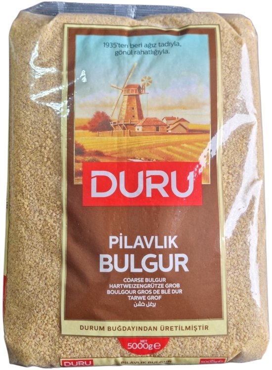 Duru Pilavlik Bulgur 5kg. Grof bulgur in een doorzichtige verpakking met een bruin label. Bovenop een afbeelding van een molen.