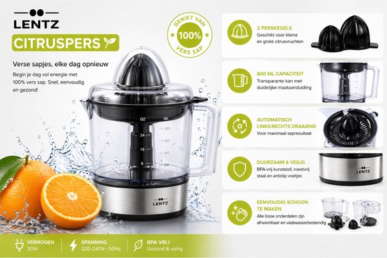 Lentz - Elektrische Citruspers 0,8L - Sinaasappelpers met 2 Perskegels, Automatische Rotatie Links/Rechts, BPA-vrij, RVS Design, Citruspers Elektrisch, Sapcentrifuge, Citruspers Machine, Anti-slip, 30W, Compact & Krachtig van Merkloos — afbeelding 3