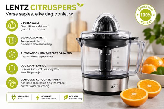 Lentz - Elektrische Citruspers 0,8L - Sinaasappelpers met 2 Perskegels, Automatische Rotatie Links/Rechts, BPA-vrij, RVS Design, Citruspers Elektrisch, Sapcentrifuge, Citruspers Machine, Anti-slip, 30W, Compact & Krachtig van Merkloos — afbeelding 5