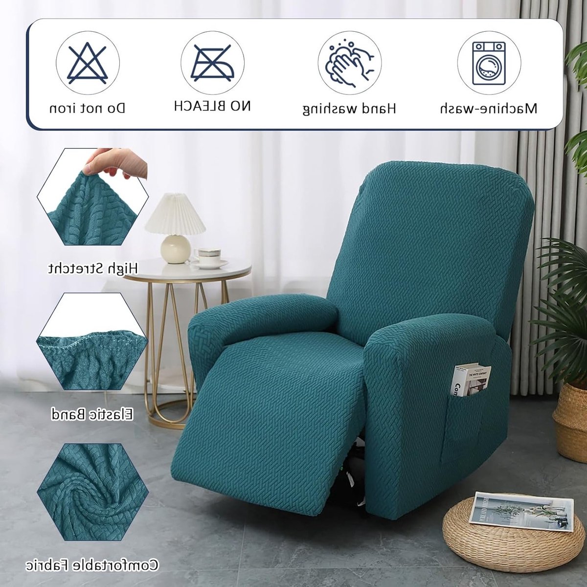 Stretch Stoelhoes Set van 4, Inclusieve Recliner Stoelhoes met Zakjes, Bescherming voor Televisiestoel, Gestreepte Jacquard Complete Stoelhoes voor Meubels