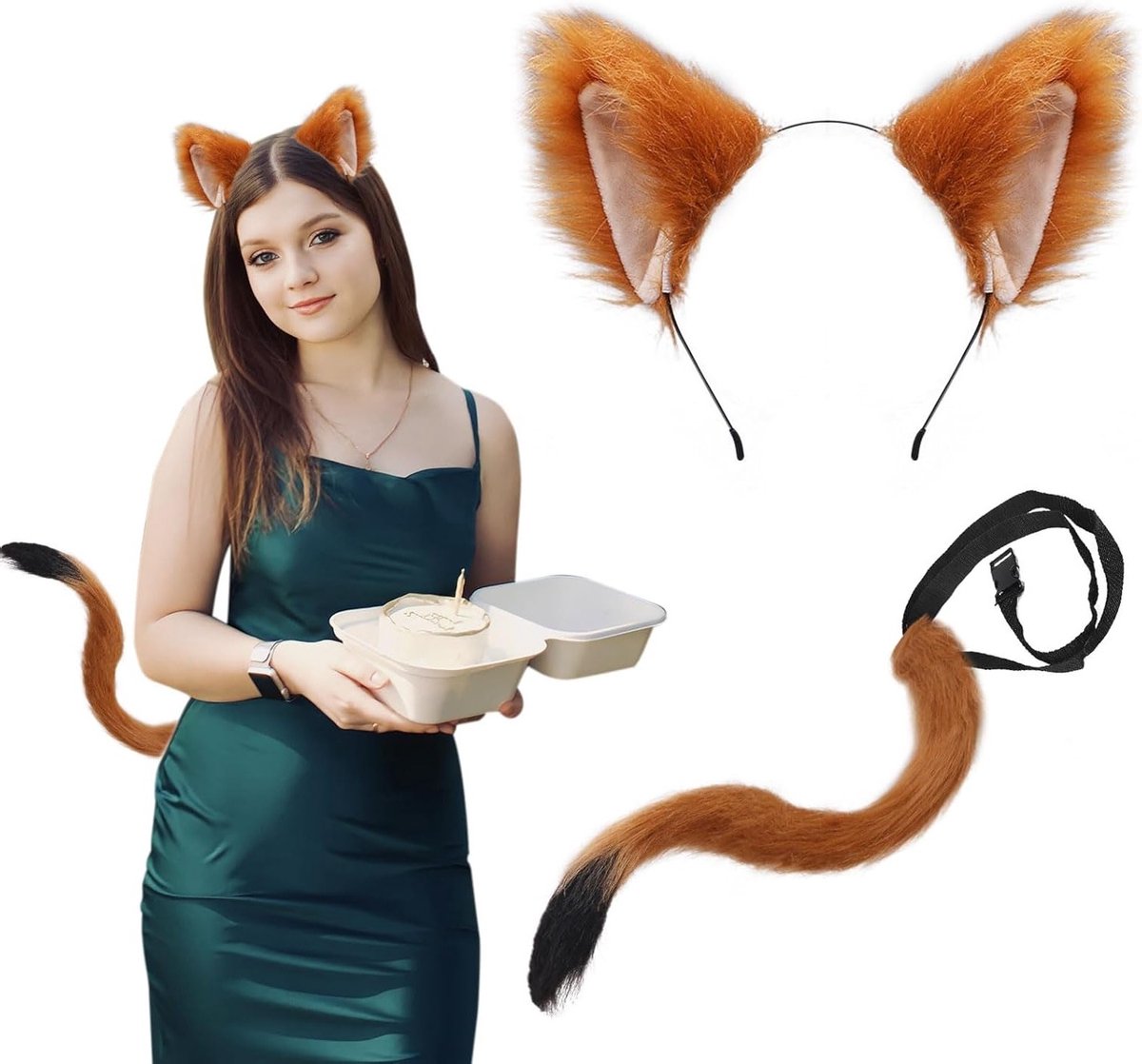 Bruine vosoren haarband met nepbontstaart voor dierenkostuum, verkleedpartijen en Halloween evenementen