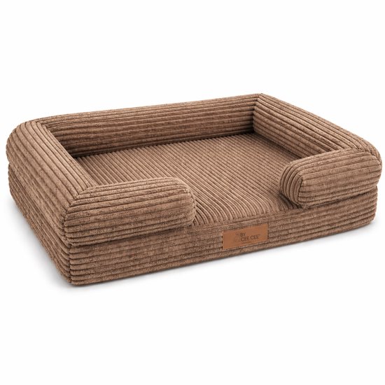 Panier pour chien en velours côtelé marron avec bords surélevés, sur fond blanc.