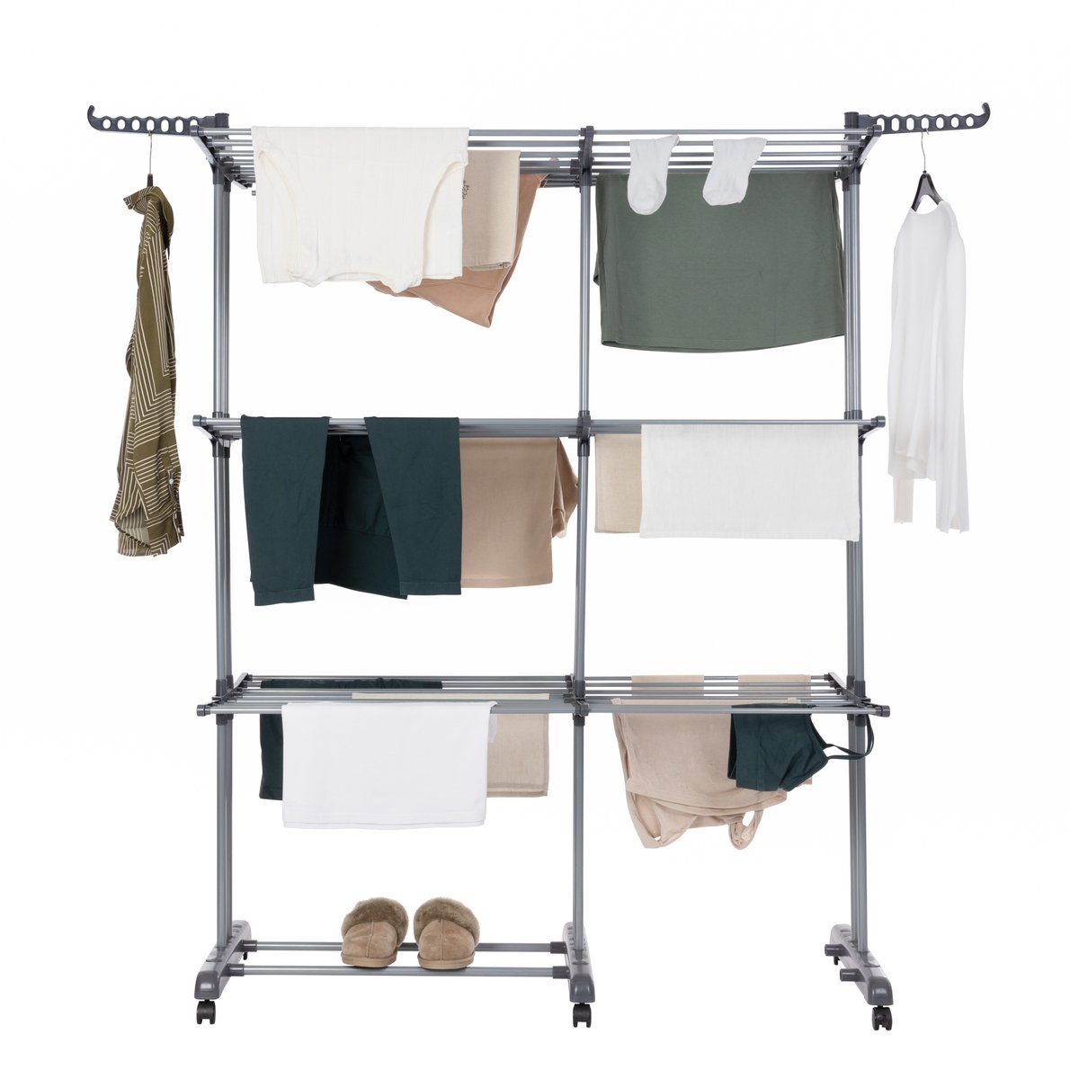 Jubbly® – Uitschuifbare Droogtoren – Inklapbaar Wasrek – Uitgerust met Wieltjes – 4 Verdiepingen – 40 meter Drooglengte – 45 kilo Draaggewicht – Wastoren Staand – Droogrek op Wielen - Grijs