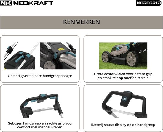 Neokraft - 40V Accu grasmaaier - 43cm maaibreedte - 5 Instelbare hoogtes - Incl 50L opvangbak - excl. accu & lader van Neokraft — afbeelding 3
