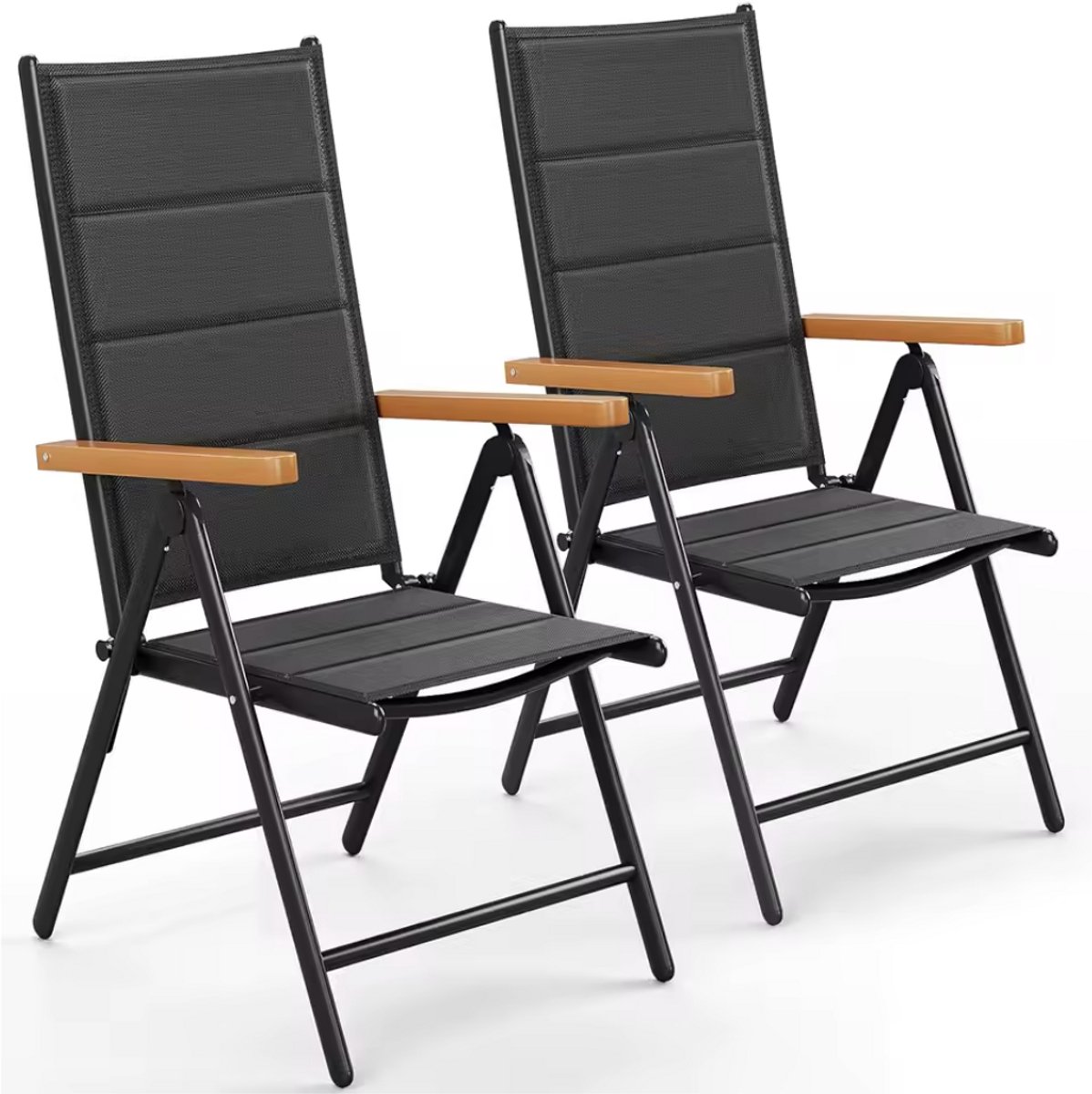 J&R Set van 2 tuinstoelen – Klapstoelen opvouwbaar – 7-Standen verstelbaar – Aluminium – Zwart met houtlook armleuningen