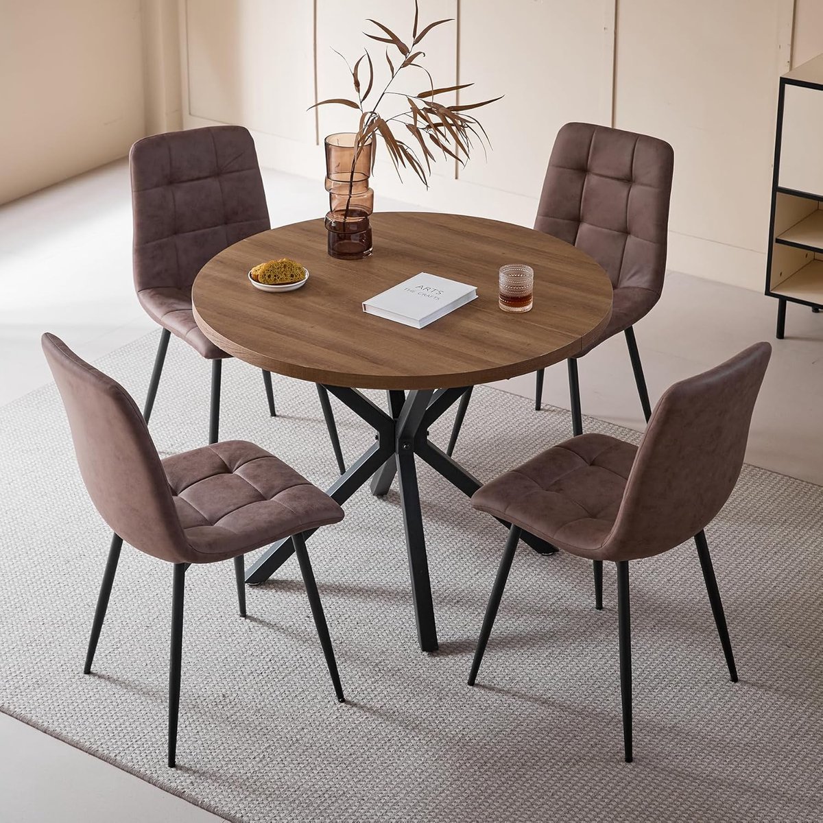 Eetgroep 5-Delig Rond 100 cm met 4 Stoelen Kunstleer Donkerbruin Donker Hout - Vermissen