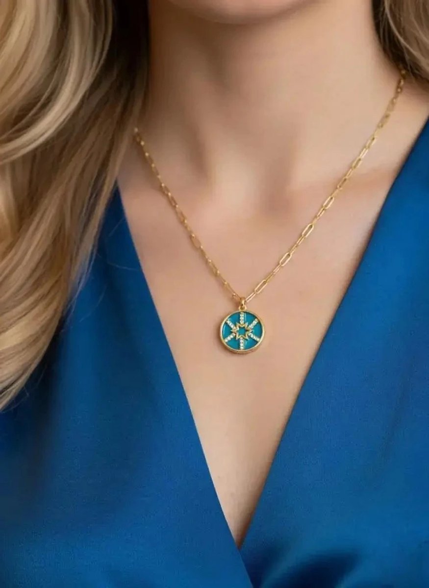 Dorvina 316L Roestvrij Staal Blauw Rond Zirkonia Ster Goudkleurig Dames Hypoallergeen Ketting